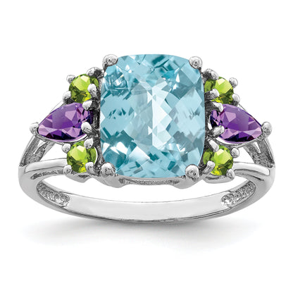 Sterlingsilber Rhodium Licht Schweizer Blautopas, Amethyst & Peridot Ring