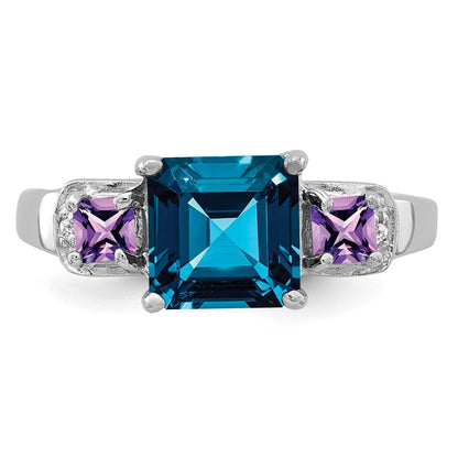 Sterlingsilber Rhodium London Blautopas, Amethyst & Diamant Ring