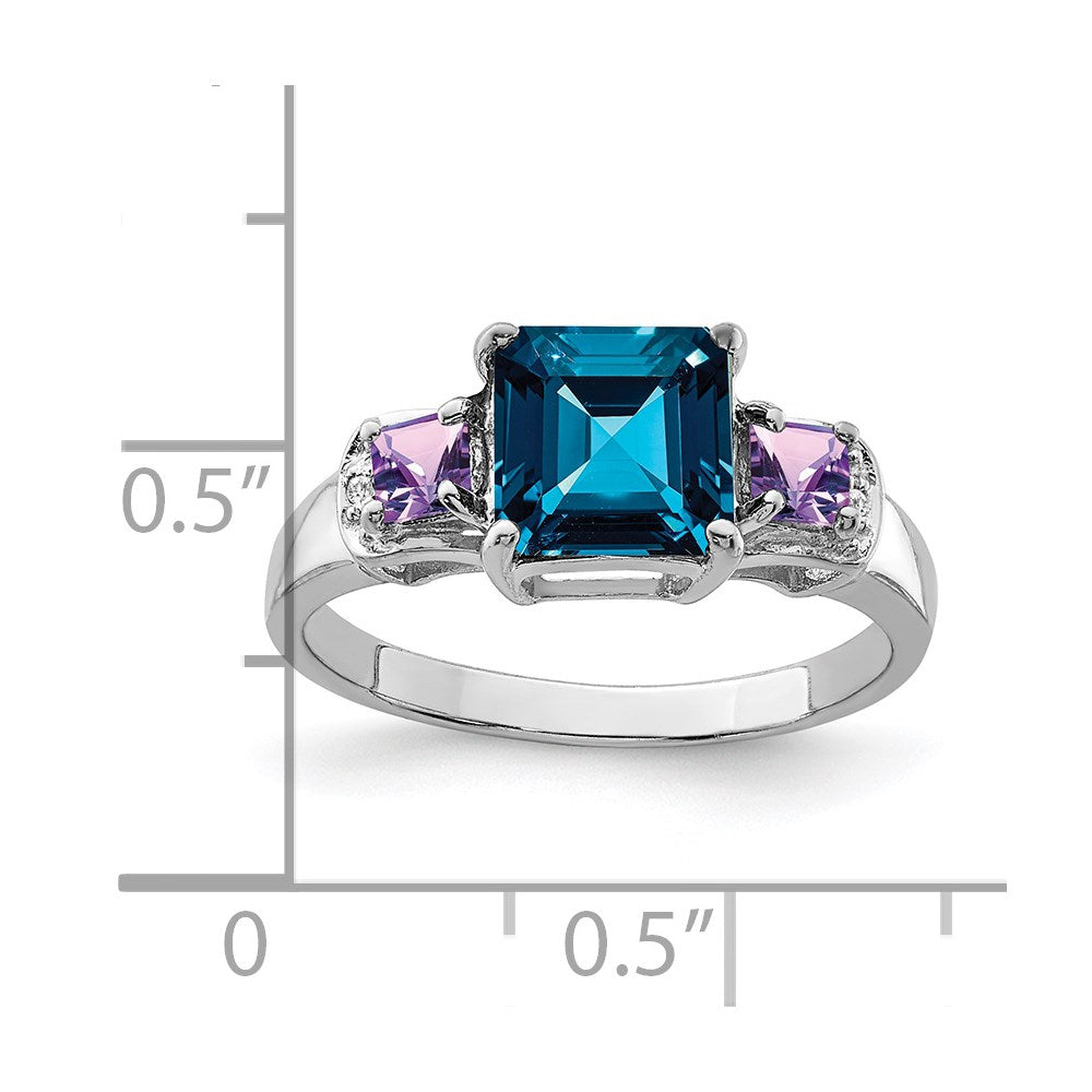 Sterlingsilber Rhodium London Blautopas, Amethyst & Diamant Ring