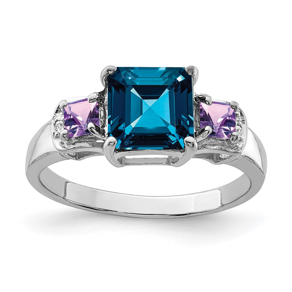 Sterlingsilber Rhodium London Blautopas, Amethyst & Diamant Ring