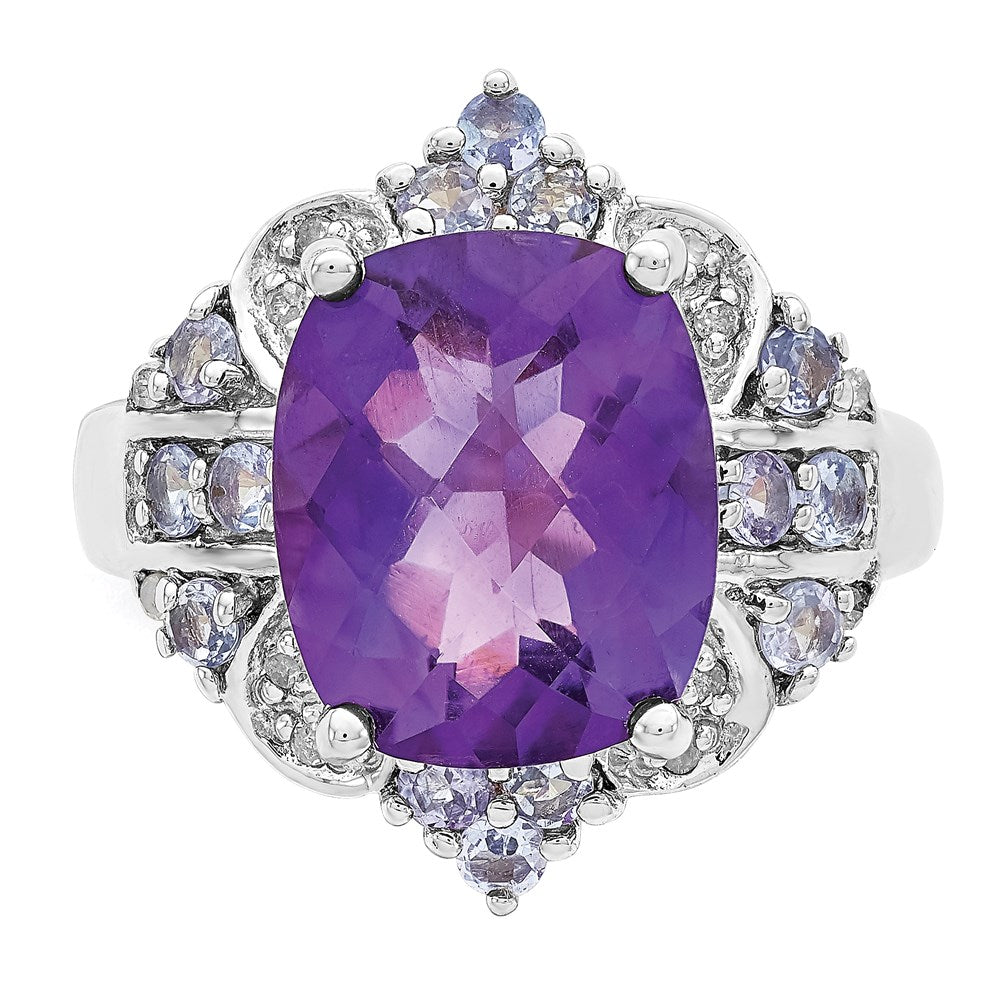 Sterlingsilber Rhodiniert Amethyst, Tansanit & Diamant Ring (size 5 Nur)