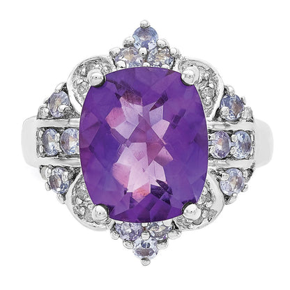 Sterlingsilber Rhodiniert Amethyst, Tansanit & Diamant Ring (size 5 Nur)