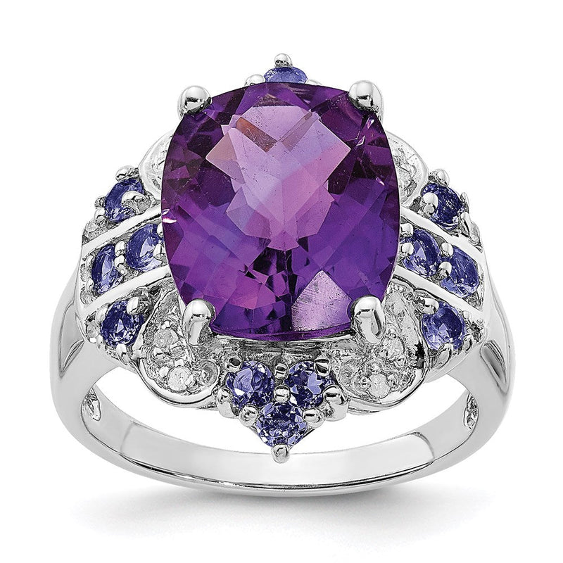 Sterlingsilber Rhodiniert Amethyst, Tansanit & Diamant Ring (size 5 Nur)