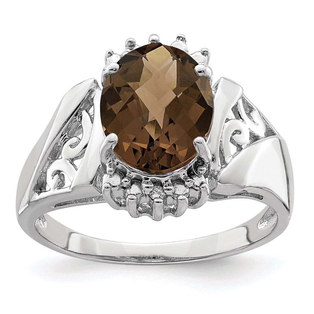 Sterlingsilber Rhodium Karo Schliff Rauch Quarz & Oval Diamant Ring (size 7 Nur)