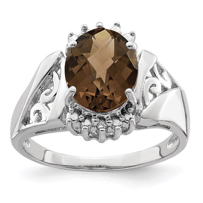 Sterlingsilber Rhodium Karo Schliff Rauch Quarz & Oval Diamant Ring (size 7 Nur)