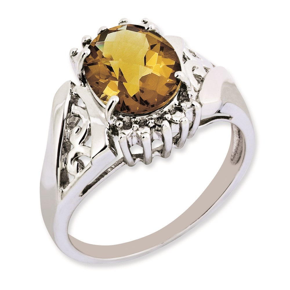 Sterlingsilber Rhodiniert Karo Schliff Whiskey Quarz & Oval Diamant Ring (size 7 Nur)