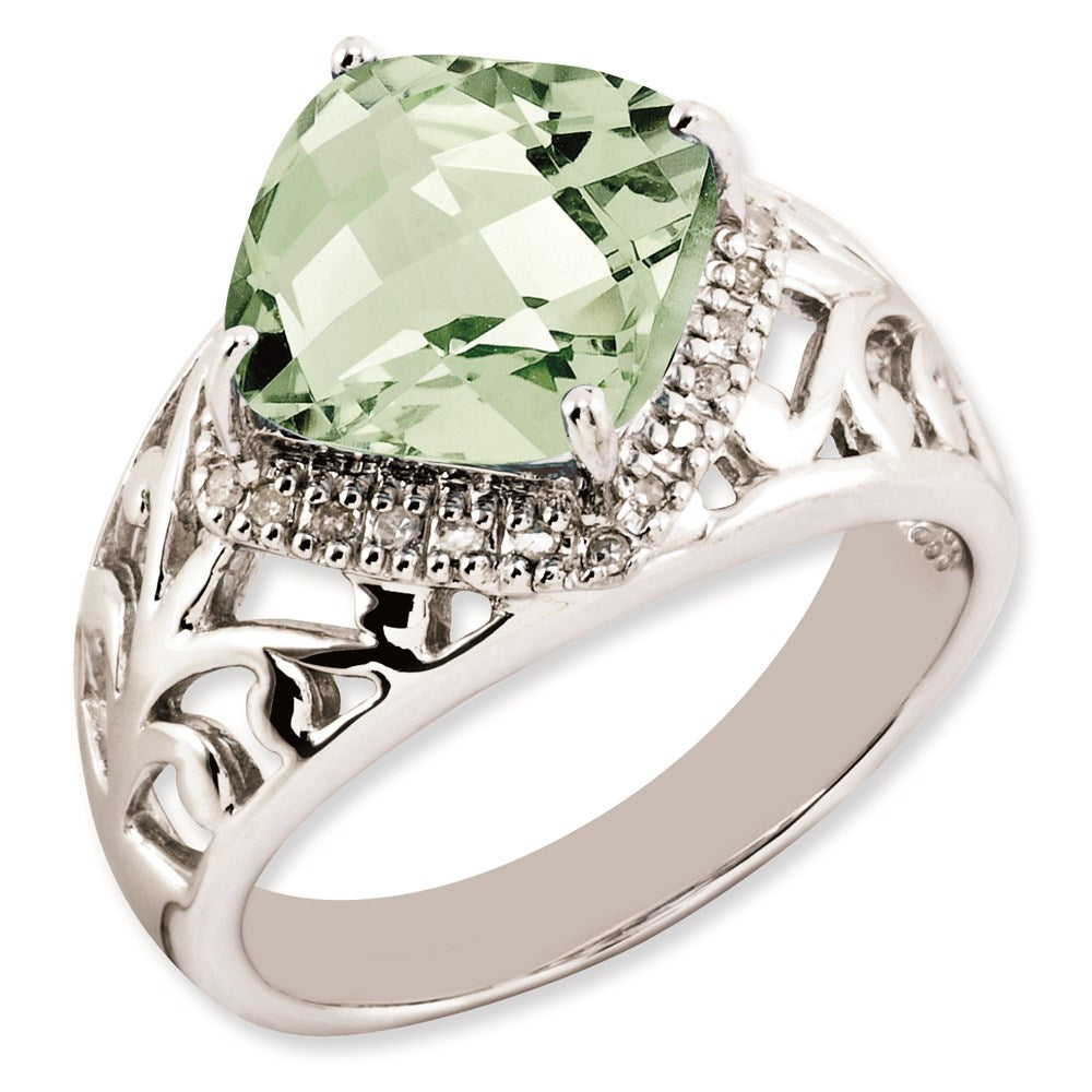 Sterlingsilber Rhodiniert Karo Schliff Grün Quarz & Diamant Ring (size 7 Nur)