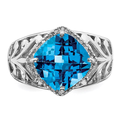 Sterlingsilber Rhodium Karo Schliff Blautopas & Diamant Ring (size 7 Nur)