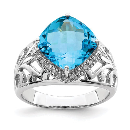 Sterlingsilber Rhodium Karo Schliff Blautopas & Diamant Ring (size 7 Nur)