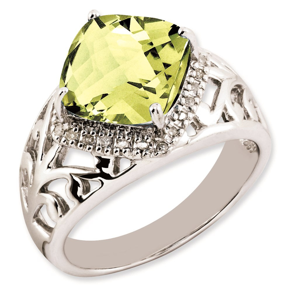 Sterlingsilber Rhodiniert Karo Schliff Zitrone Quarz & Diamant Ring (size 7 Nur)