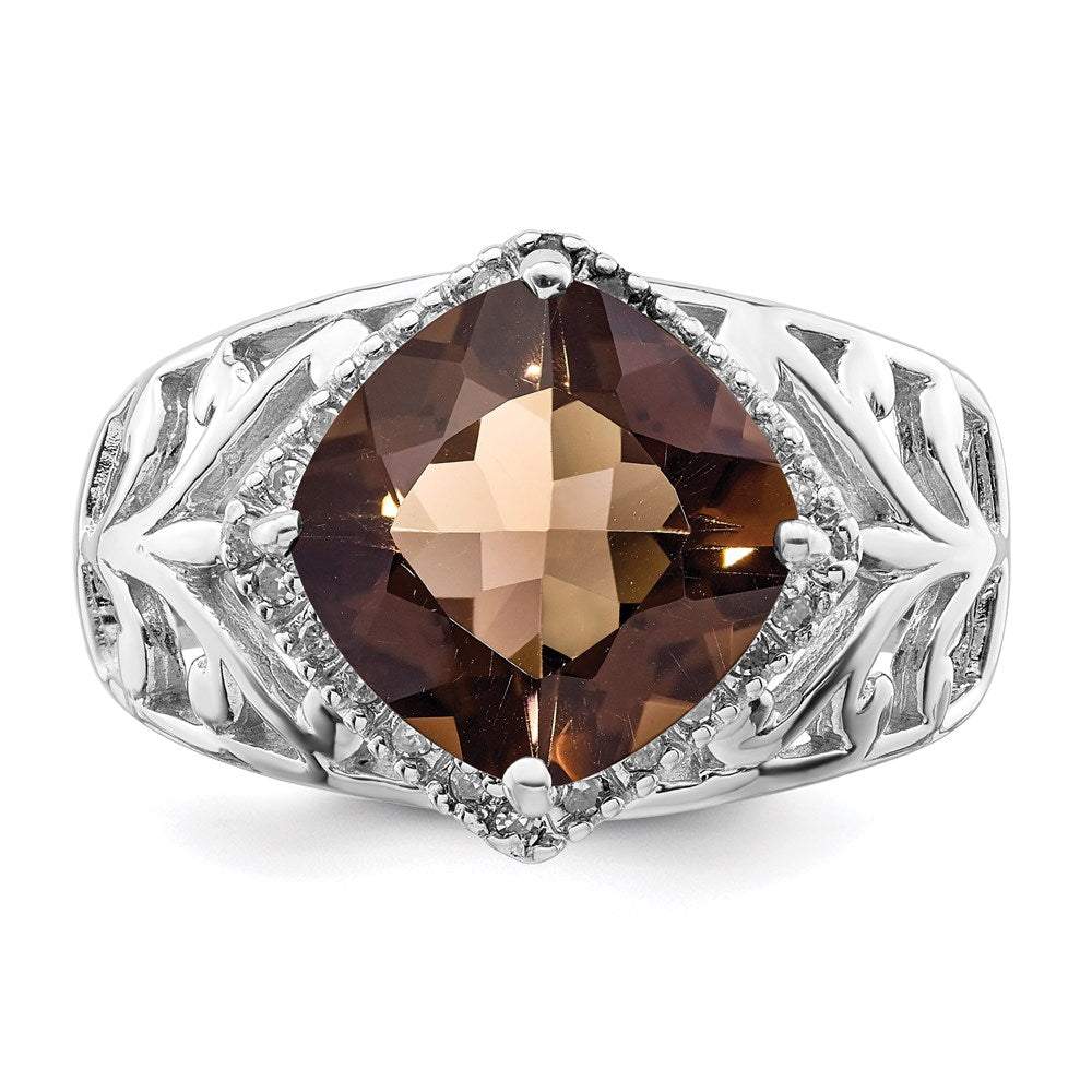 Sterlingsilber Rhodium Karo Schliff Rauch Quarz & Diamant Ring (size 7 Nur)