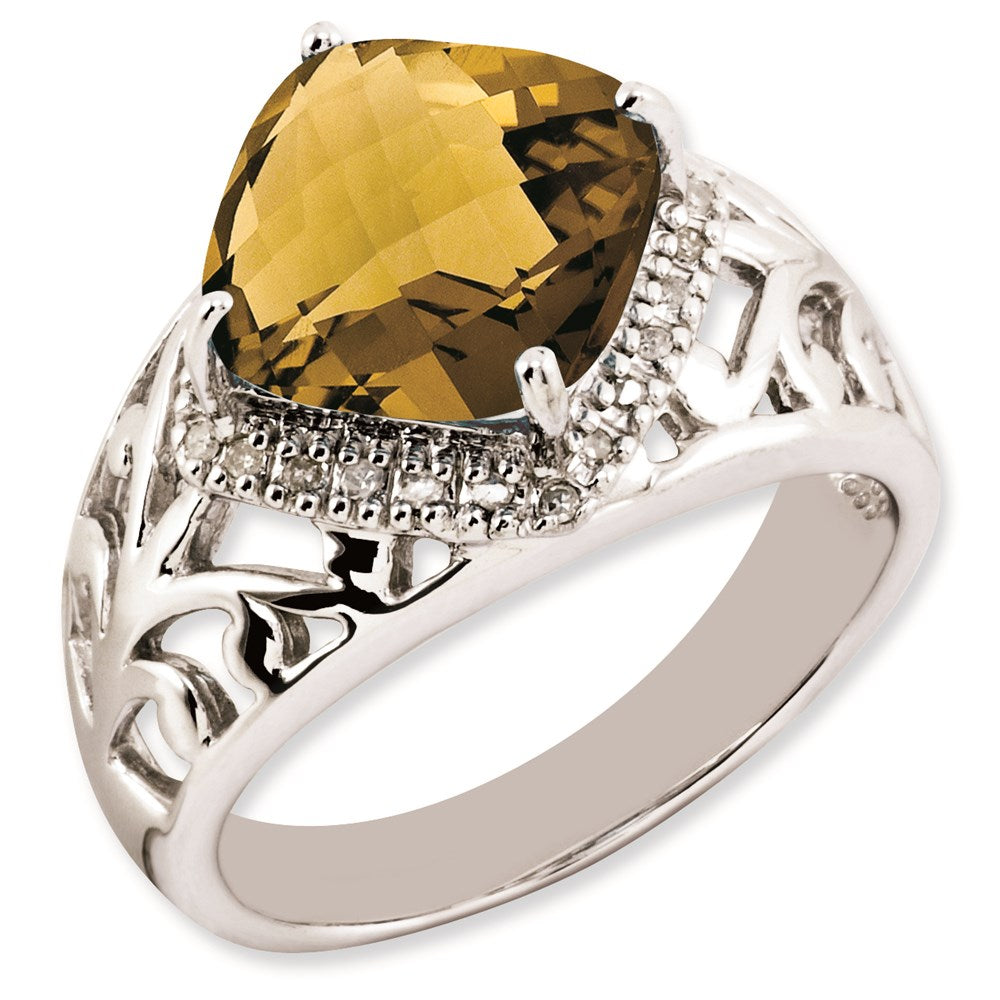 Sterlingsilber Rhodiniert Karo Schliff Whiskey Quarz & Diamant Ring (size 7 Nur)