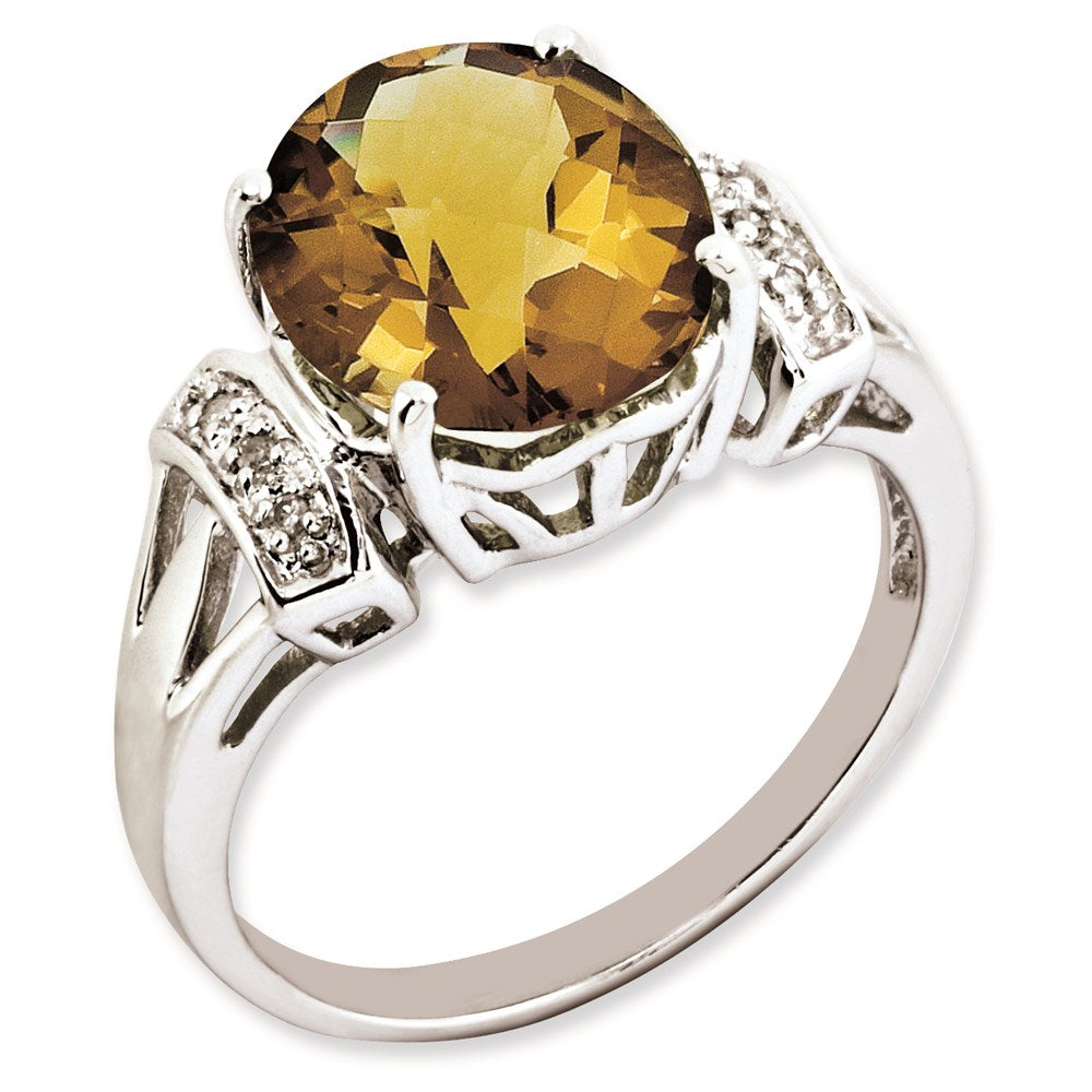 Sterlingsilber Rhodiniert Oval Karo Schliff Whiskey Quarz & Diamant Ring (size 7 Nur)