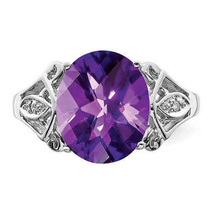 Sterlingsilber Rhodium Oval Karo Schliff Amethyst & Diamant Ring (size 7 Nur)