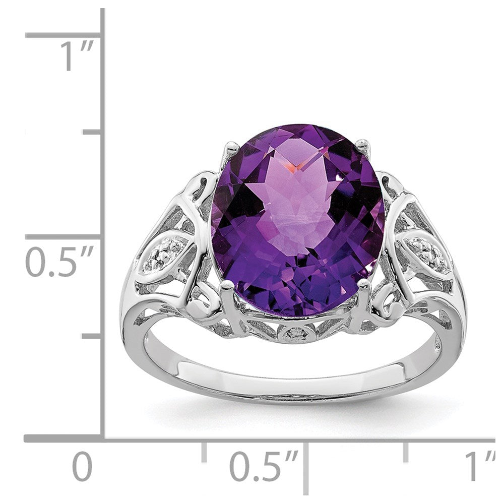 Sterlingsilber Rhodium Oval Karo Schliff Amethyst & Diamant Ring (size 7 Nur)