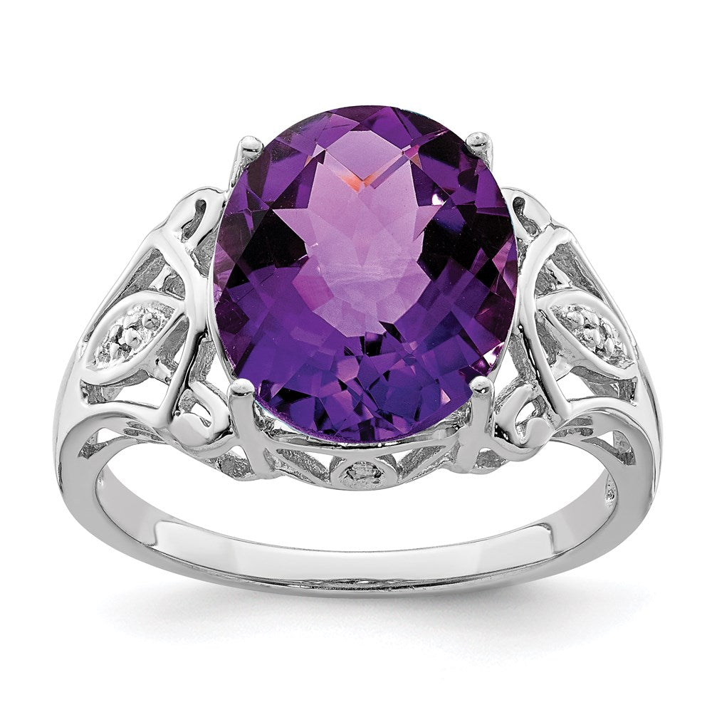 Sterlingsilber Rhodium Oval Karo Schliff Amethyst & Diamant Ring (size 7 Nur)