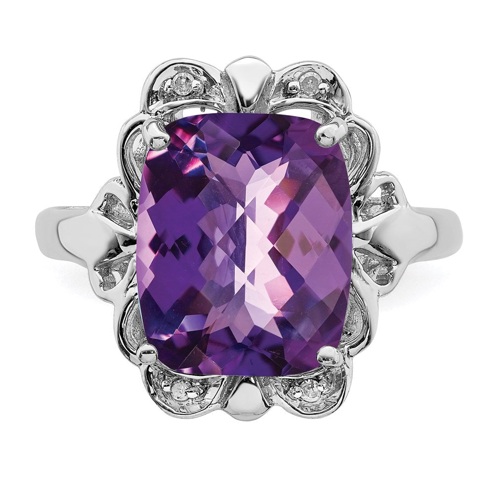 Sterlingsilber Rhodiniert Karo Schliff Amethyst & Diamant Ring (size 7 Nur)