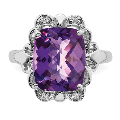 Sterlingsilber Rhodiniert Karo Schliff Amethyst & Diamant Ring (size 7 Nur)