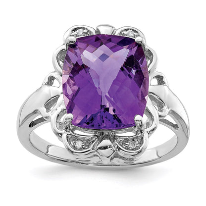 Sterlingsilber Rhodiniert Karo Schliff Amethyst & Diamant Ring (size 7 Nur)
