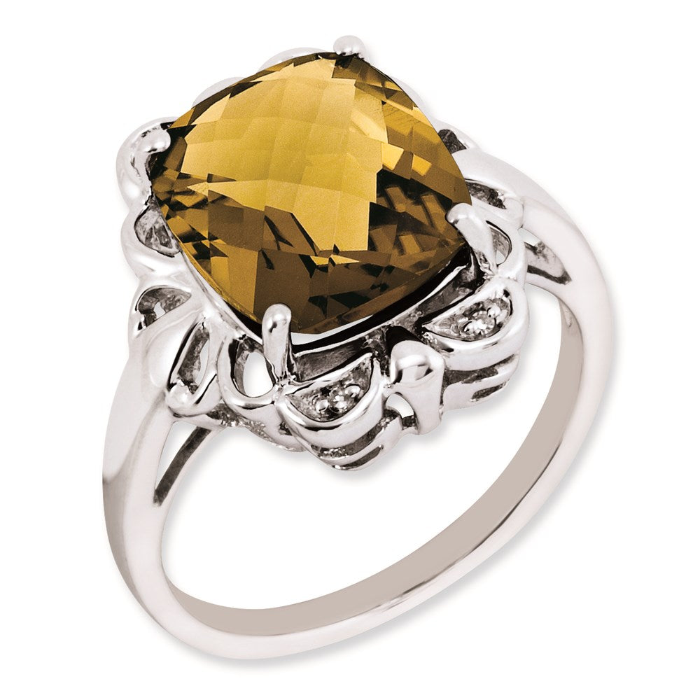 Sterlingsilber Rhodiniert Karo Schliff Whiskey Quarz & Diamant Ring (size 7 Nur)