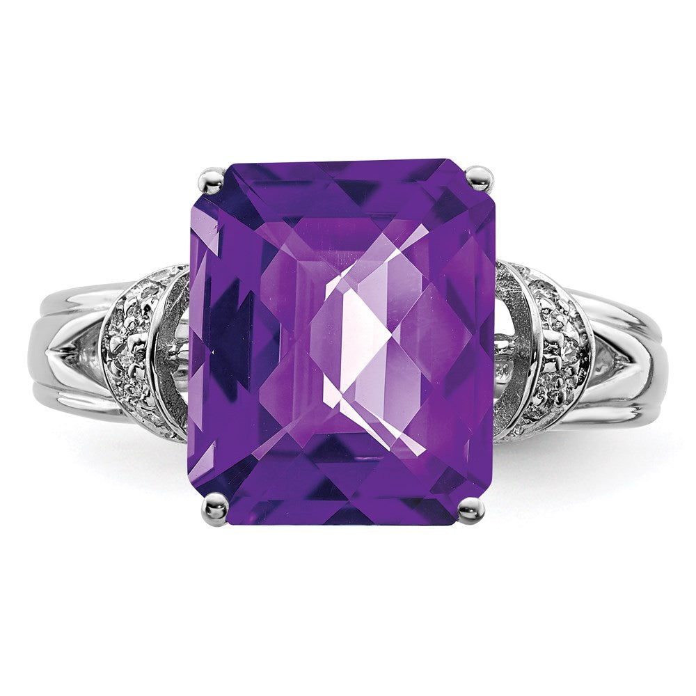 Sterlingsilber Rhodium Octagonal Karo Schliff Amethyst & Diamant Ring