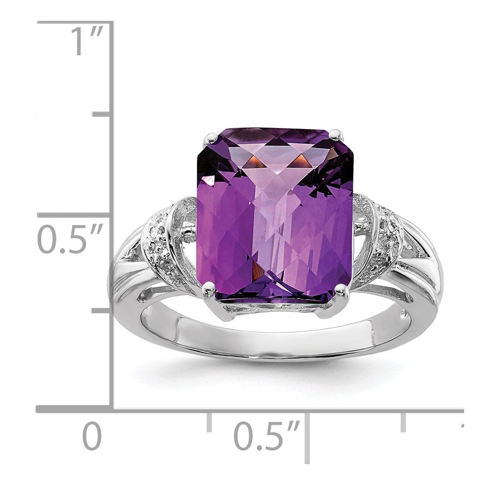 Sterlingsilber Rhodium Octagonal Karo Schliff Amethyst & Diamant Ring