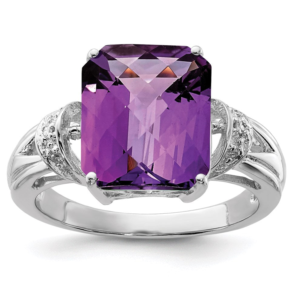 Sterlingsilber Rhodium Octagonal Karo Schliff Amethyst & Diamant Ring