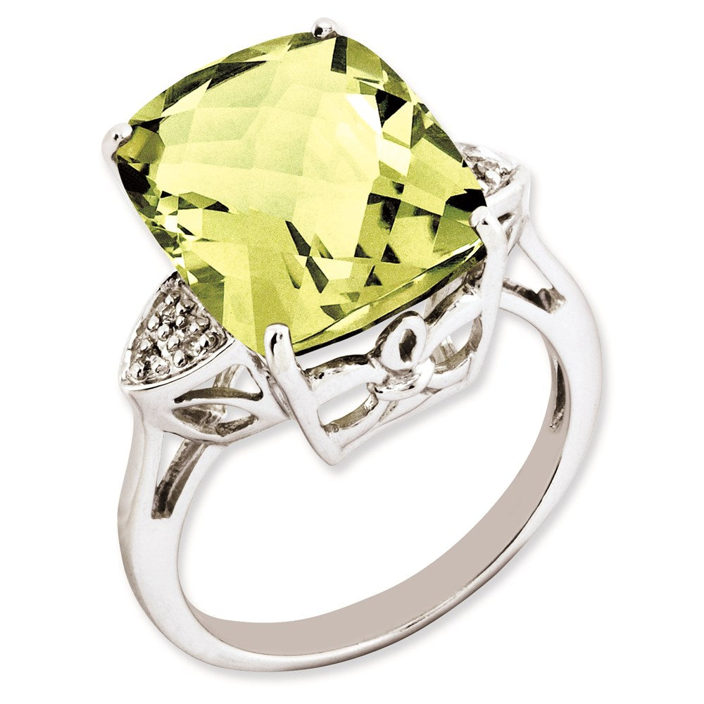 Sterlingsilber Rhodiniert Karo Schliff Zitrone Quarz & Diamant Ring (size 7 Nur)