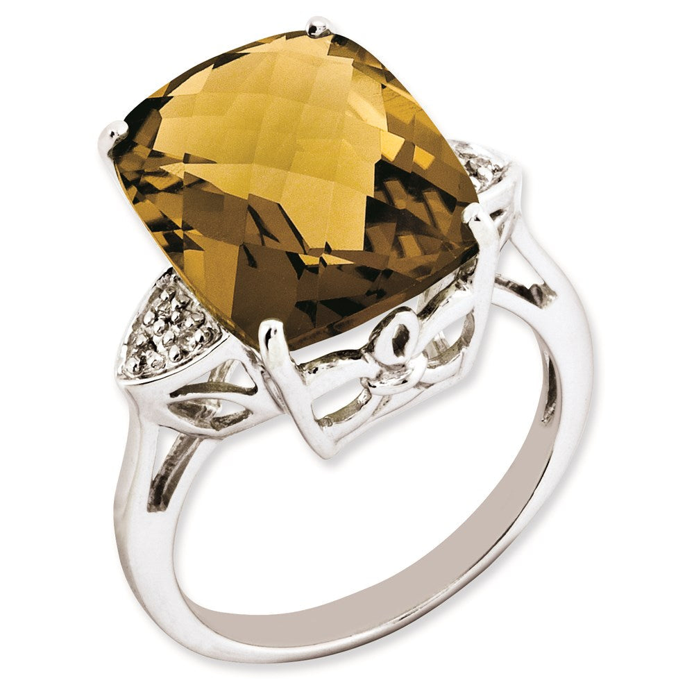 Sterlingsilber Rhodiniert Karo Schliff Whiskey Quarz & Diamant Ring (size 7 Nur)