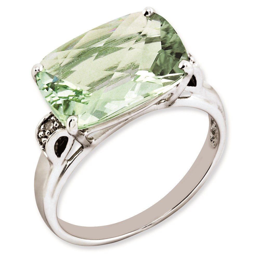 Sterlingsilber Rhodiniert Karo Schliff Grün Quarz & Diamant Ring (size 7 Nur)