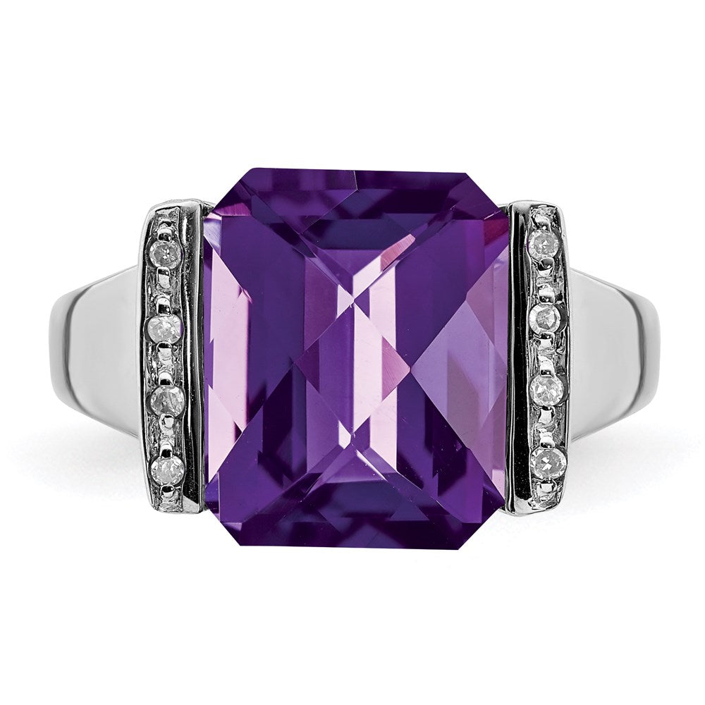 Sterlingsilber Rhodiniert Karo Schliff Amethyst & Diamant Ring