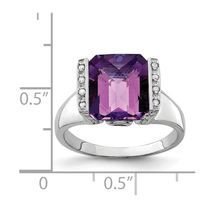 Sterlingsilber Rhodiniert Karo Schliff Amethyst & Diamant Ring