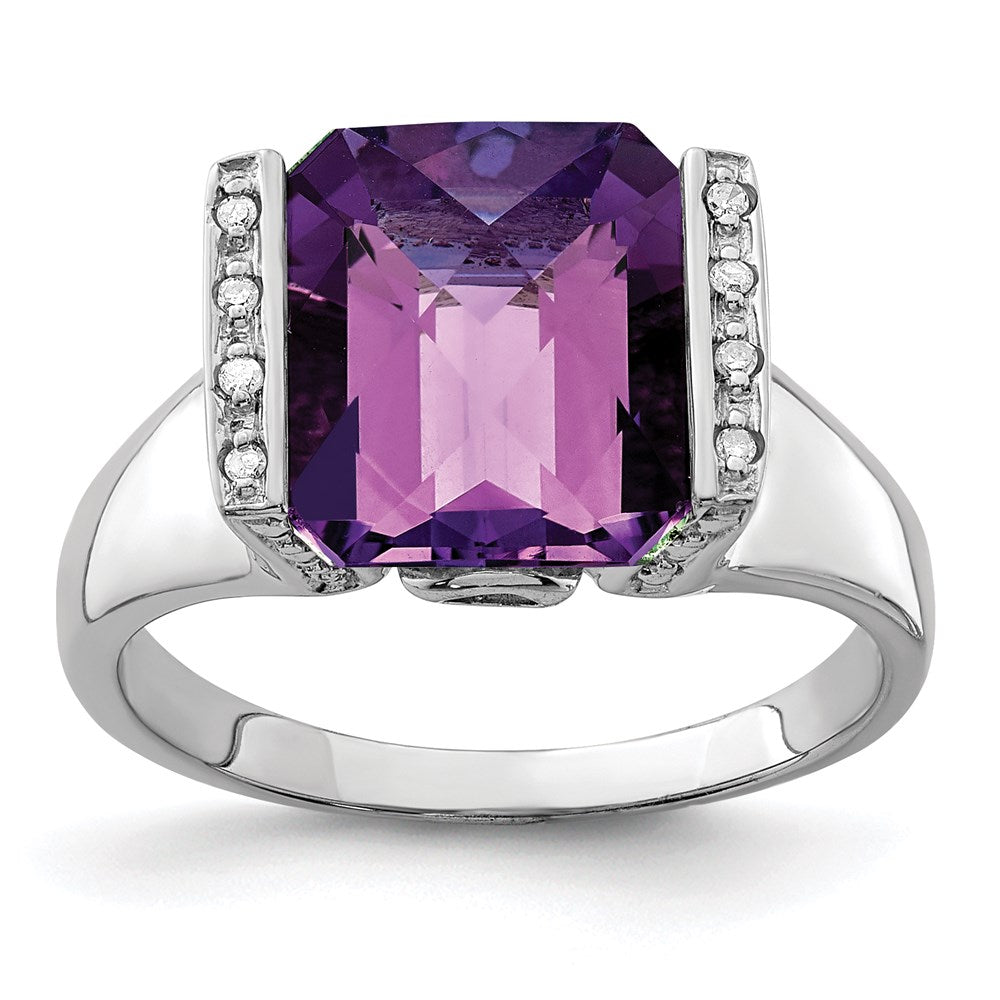 Sterlingsilber Rhodiniert Karo Schliff Amethyst & Diamant Ring