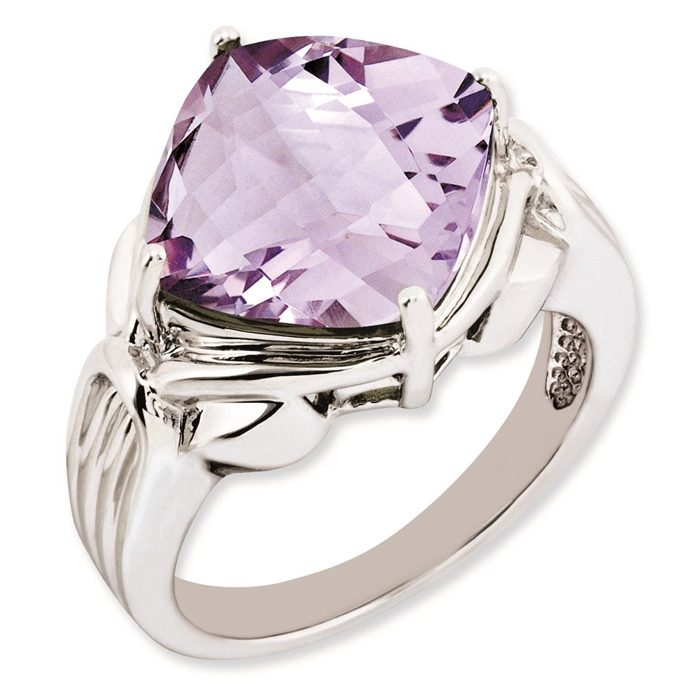 Sterlingsilber Rhodiniert Karo Schliff Rosa Quarz Ring (size 7 Nur)