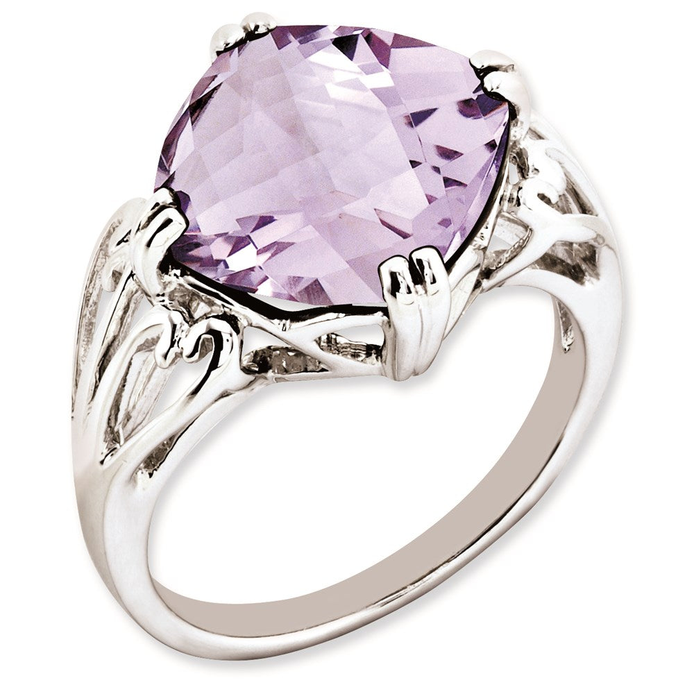 Sterlingsilber Rhodiniert Karo Schliff Rosa Quarz Ring (size 7 Nur)