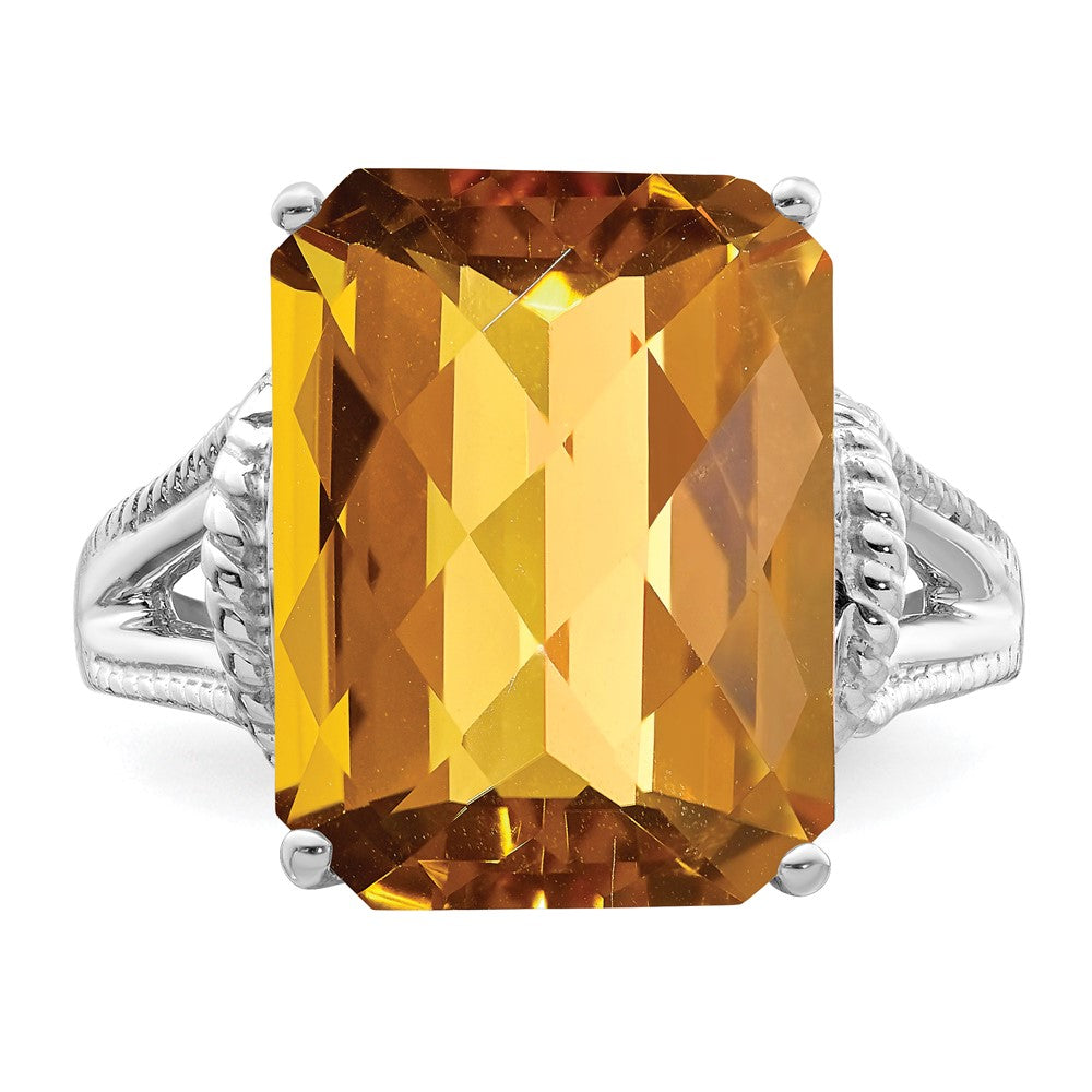 Sterlingsilber Rhodium Octagonal Karo Schliff Whiskey Quarz Ring (size 7 Nur)