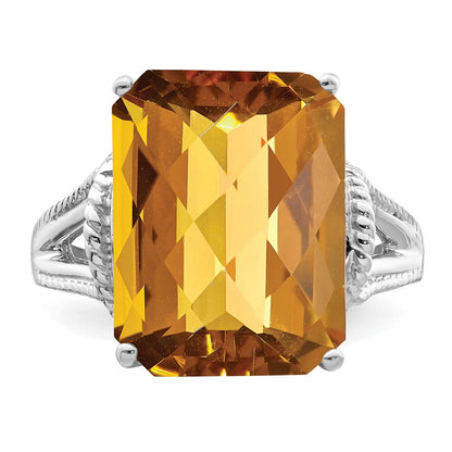 Sterlingsilber Rhodium Octagonal Karo Schliff Whiskey Quarz Ring (size 7 Nur)