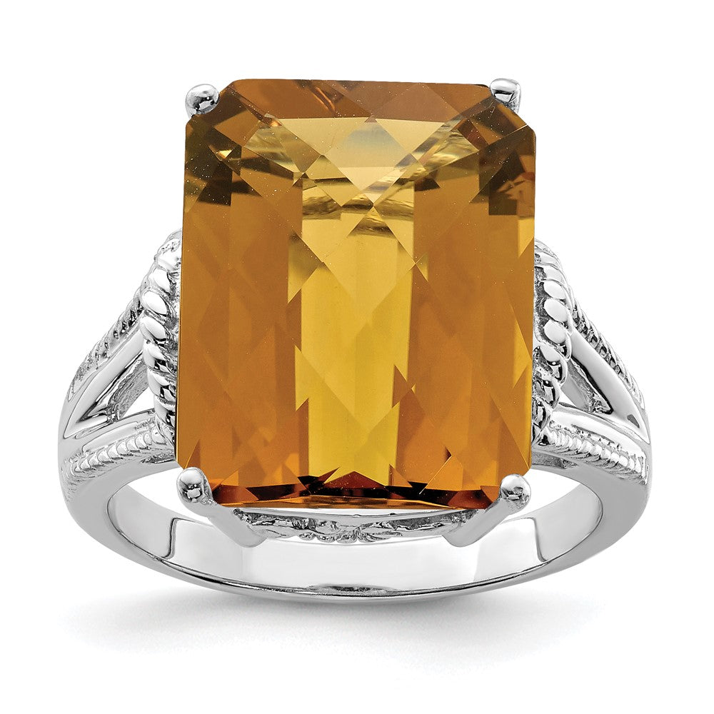Sterlingsilber Rhodium Octagonal Karo Schliff Whiskey Quarz Ring (size 7 Nur)