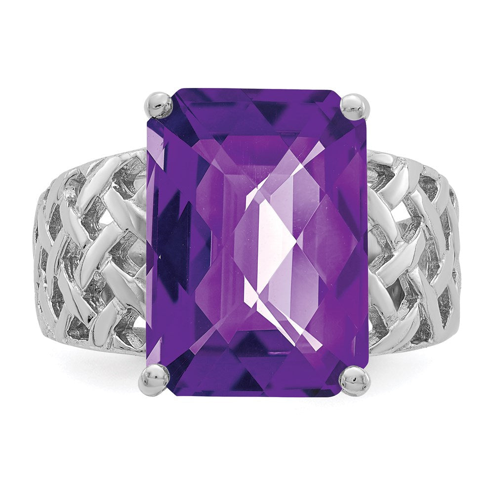 Sterlingsilber Rhodiniert Octagonal Karo Schliff Amethyst Ring (size 7 Nur)