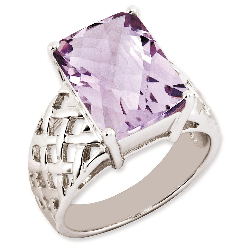 Sterlingsilber Rhodiniert Octagonal Karo Schliff Rosa Quarz Ring (size 7 Nur)