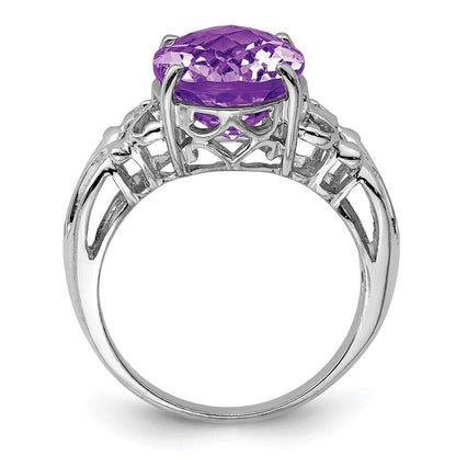 Sterlingsilber Rhodiniert Oval Karo Schliff Amethyst Ring (size 7 Nur)