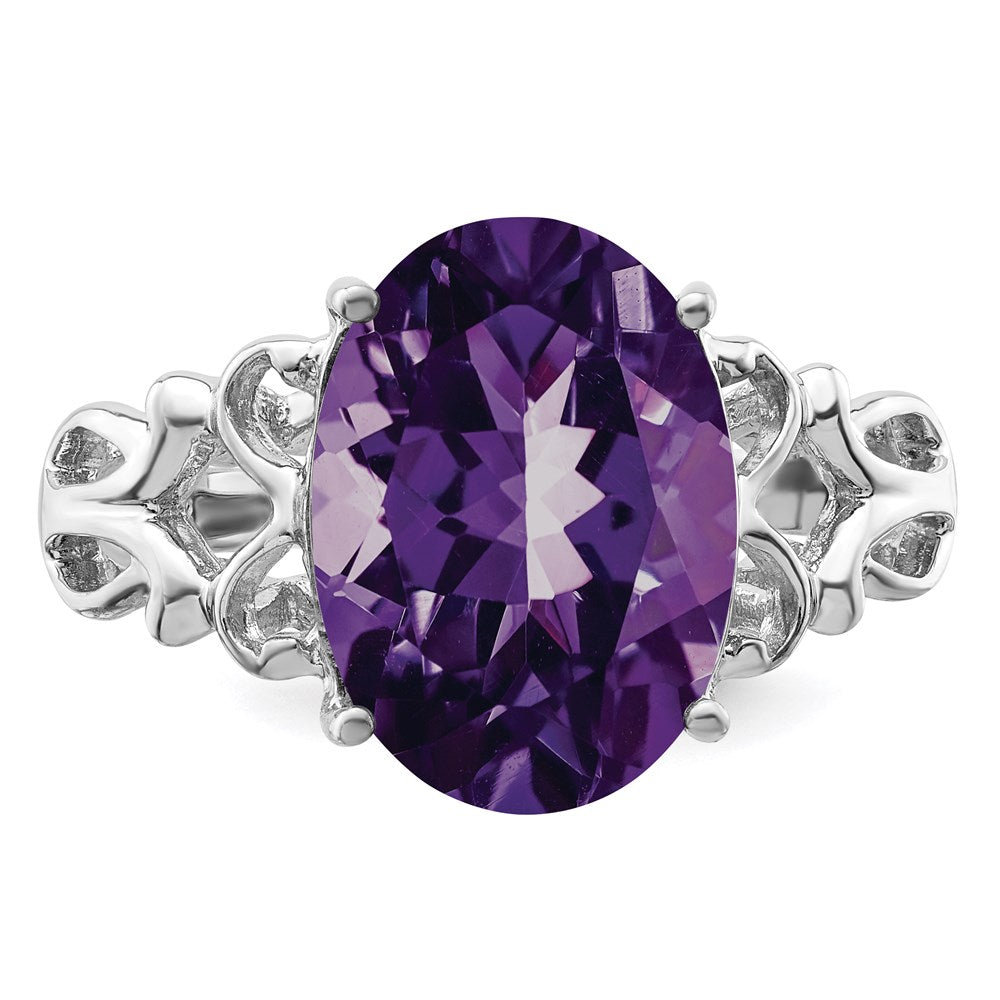 Sterlingsilber Rhodiniert Oval Karo Schliff Amethyst Ring (size 7 Nur)