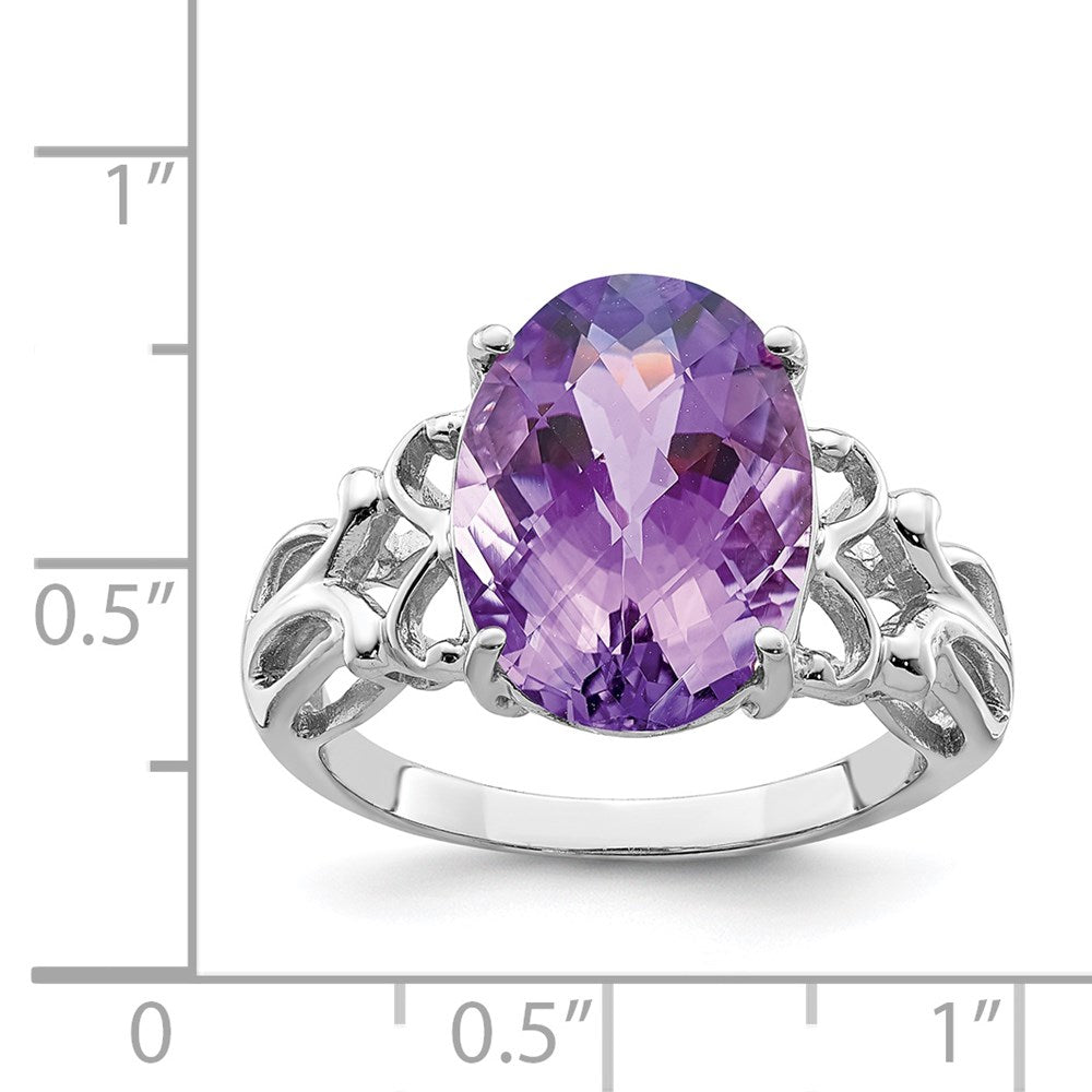 Sterlingsilber Rhodiniert Oval Karo Schliff Amethyst Ring (size 7 Nur)