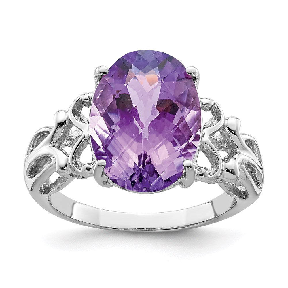 Sterlingsilber Rhodiniert Oval Karo Schliff Amethyst Ring (size 7 Nur)