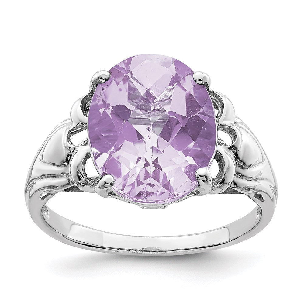 Sterlingsilber Rhodium Oval Karo Schliff Rosa Quarz Ring (size 7 Nur)