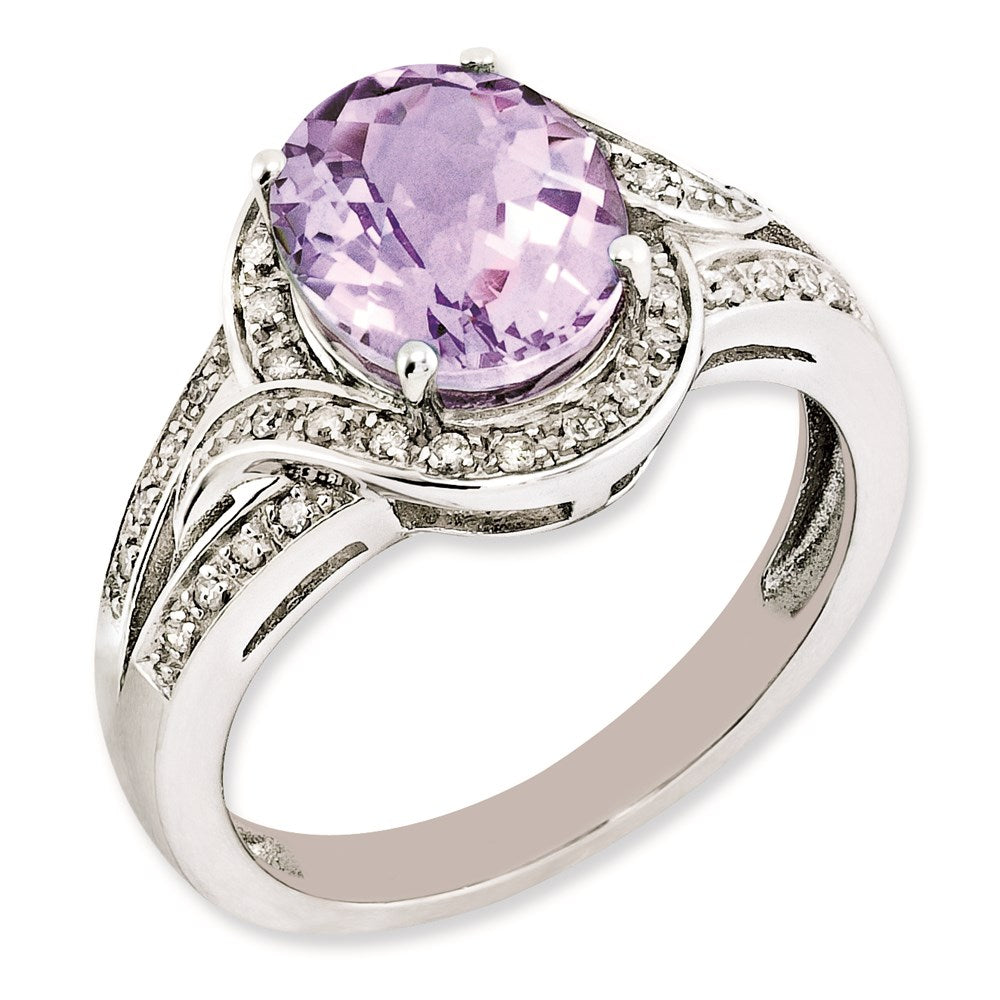 Sterlingsilber Rhodiniert Diamant & Oval Karo Schliff Rosa Quarz Ring (size 7 Nur)