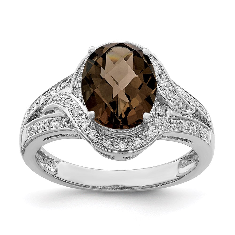 Sterlingsilber Rhodium Diamant & Oval Karo Schliff Rauch Quarz Ring (size 7 Nur)