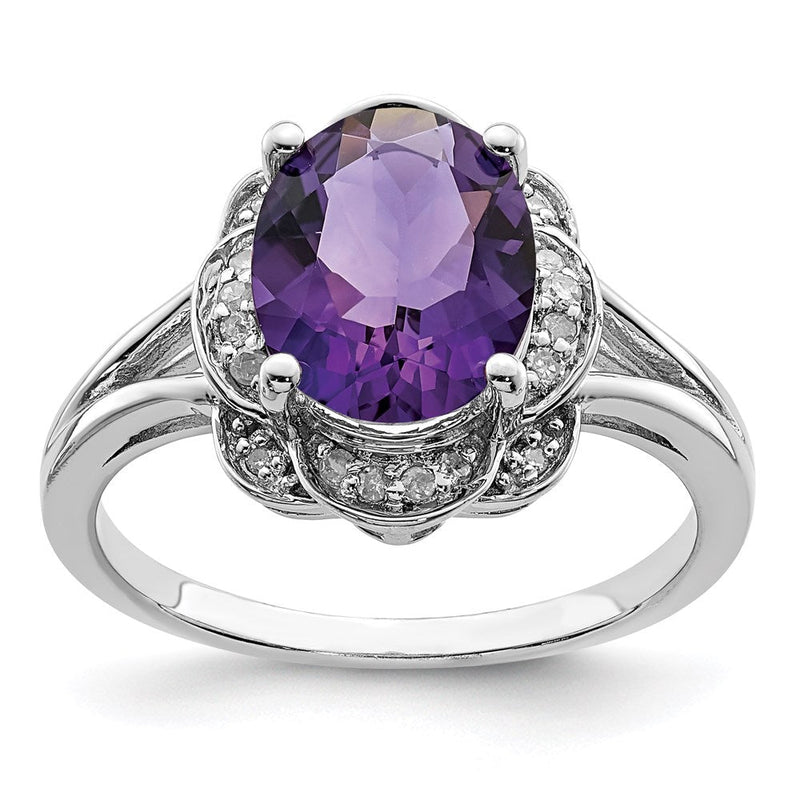 Sterlingsilber Rhodiniert Diamant & Amethyst Ring (size 8 Nur)