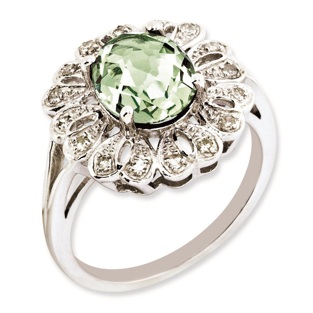 Sterlingsilber Rhodiniert Diamant & Oval Karo Schliff Grün Quarz Ring (size 7 Nur)