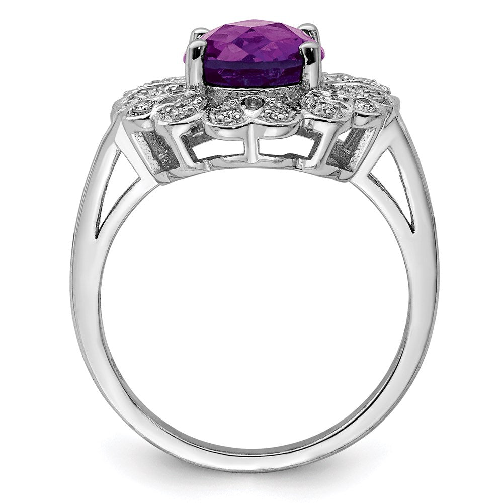 Sterlingsilber Rhodiniert Diamant & Oval Karo Schliff Amethyst Ring (size 7 Nur)